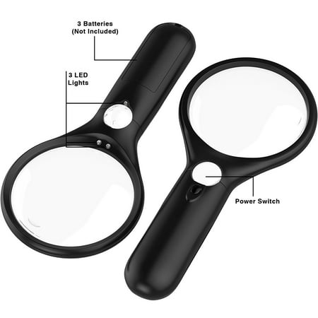 Black Magnifying Glass w/ 3 LED Lights Handheld Magnifier [3x 10x 45x] Best for Reading Maps - Best For Jeweler Watch