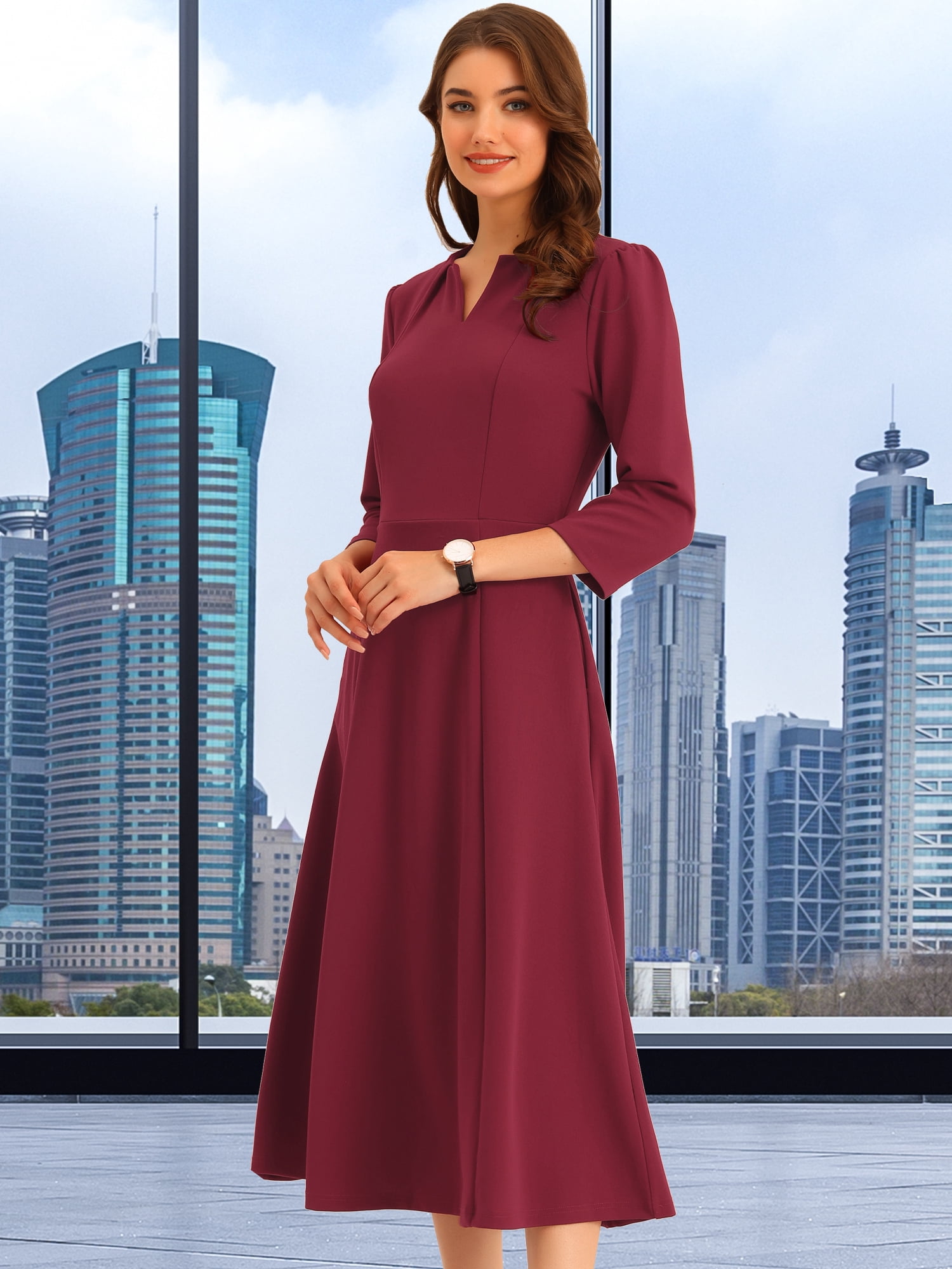 DARING DIVA Work Office Elegant 3/4 Sleeve V Neck A-Line Dress L Burgundy