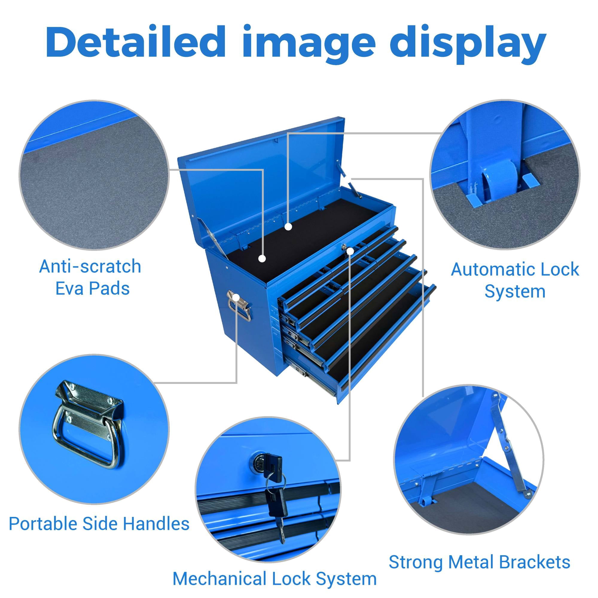 Heavy Duty Metal Tool Box,24 Inch Portable Tool Chest with 9 Drawers, Ball Bearing Slide Drawers with Auto-Locking System, Lockable Top Box Tool Organizer for Garage, Workshop, Truck,Blue