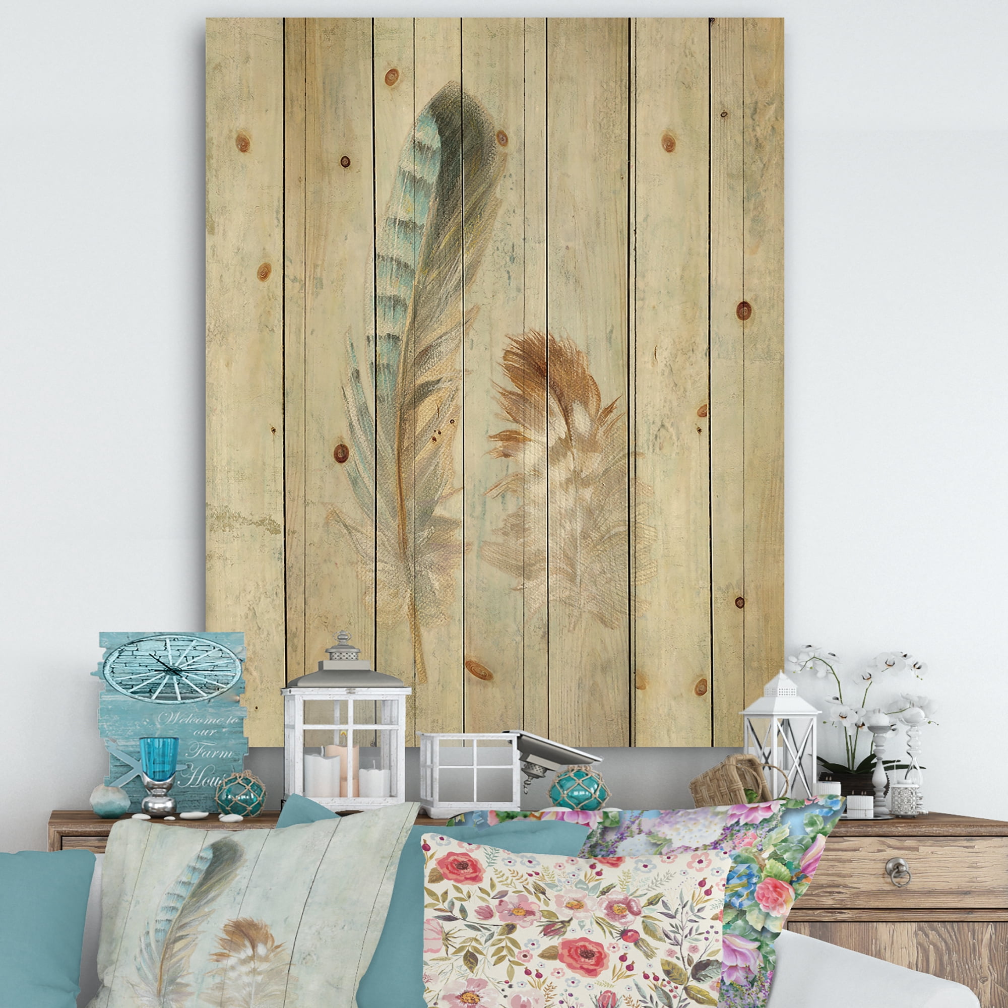 Designart 'Two Natural Feathers on Wood I' Farmhouse Print on Natural Pine Wood