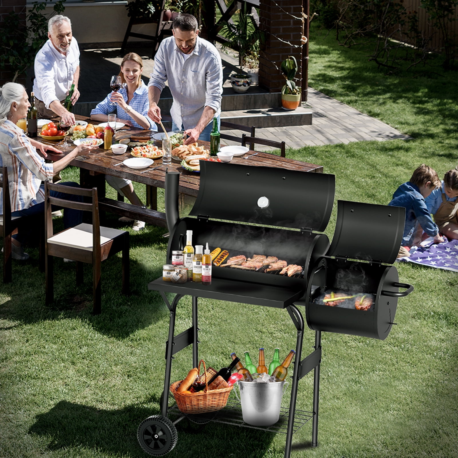 Charcoal Smoker Grills, KingChii Offset Smoker Family-Size 4-6  with Temperature Control Person BBQ for Outdoor, Garden, Patio and Backyard