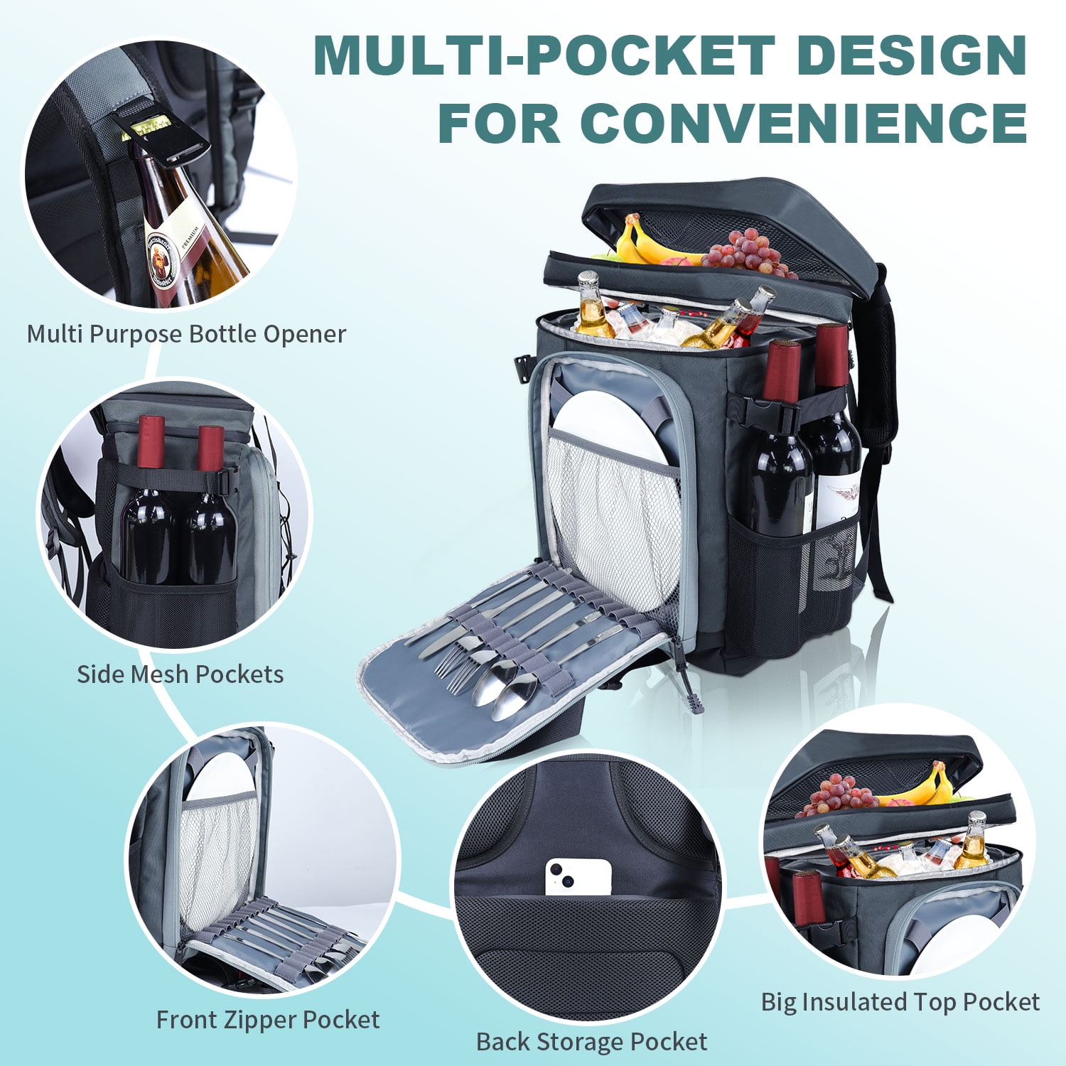 Cooler Backpack, 40 Cans Leakproof Insulated Travel Cooler with Padded Top Handle & Mesh Pocket for Camping Travel Beach Picnics (Blue)