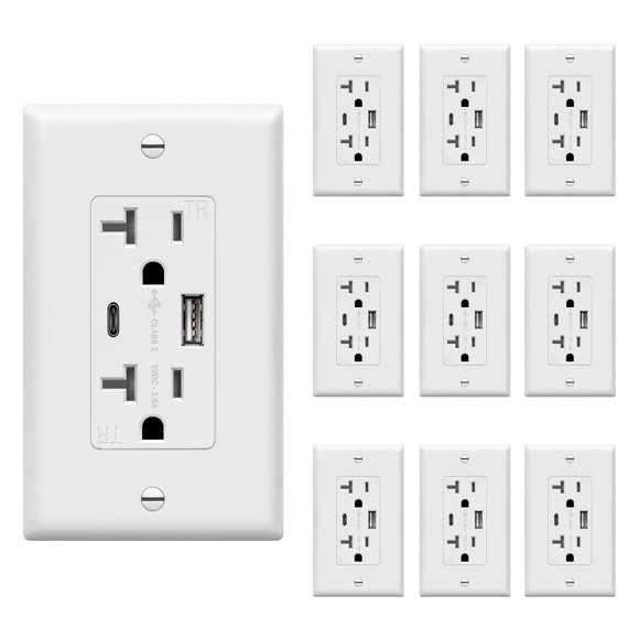Enchufe USB TOPGREENER tipo C 20A con 2 puertos, paquete de 10, blanco