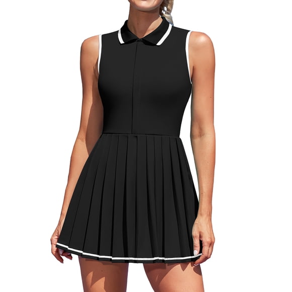 Charmo Zipper Tennis Dress for Womens Polo Workout Golf Dress Pleated Dress with Shorts and Pockets