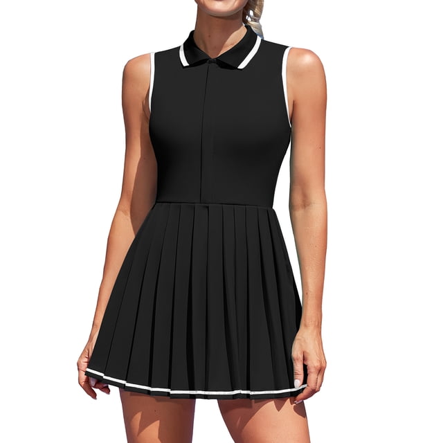 Charmo Robe de Tennis à Fermeture Éclair pour Femmes, Robe Polo d'Entraînement de Golf, Robe Plissée avec Shorts et Poches