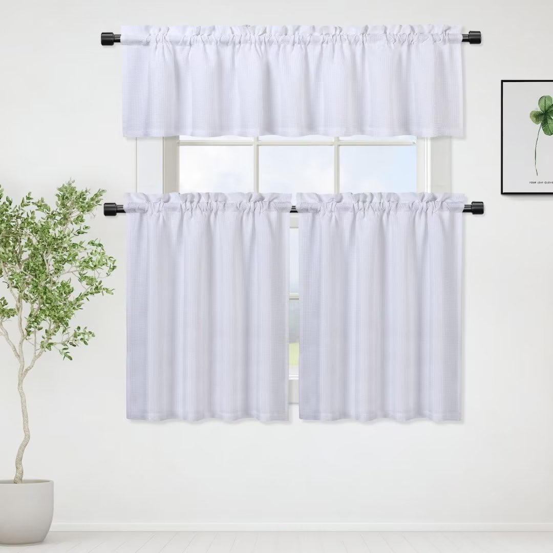 FanciHome 3pcs Kitchen Curtains Set 36 inch Waffle Light Filtering Half
