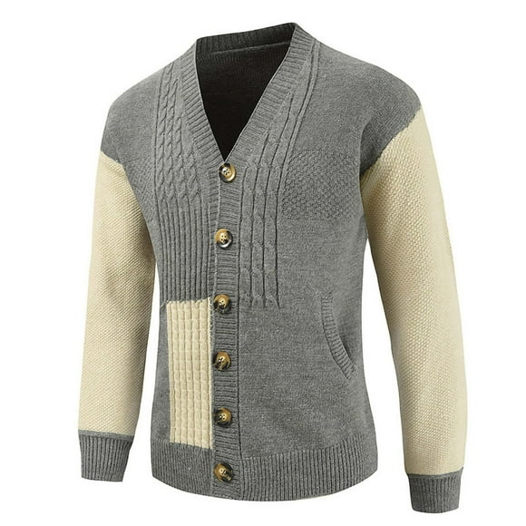 Gpaecead Knit Sweaters Tops Men's Knitted Cardigan Jacket Solid Color Blocked Knitted Sweater Casual Long Sleeved V Neck Coat