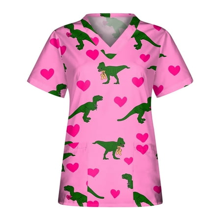 

Winter Savings 2022! Plus Size Scrubs Tops for Women Valentine s Day Heart Print Nurse Workwear V-Neck Short Sleeve Working Uniform Blouse Shirts with Pockets