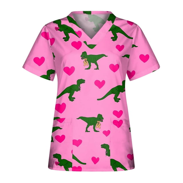 TIMIFIS Hauts de Sarrau de la Saint-Valentin pour Femmes Imprimés Uniforme de Travail à Manches Courtes Col en V Blouse T-shirt de Travail avec Poches pring
