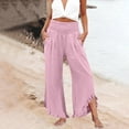 thumbnail image 4 of Women Linen Pants Summer Ruffle Wide Leg Palazzo Pants Dressy Smocked Waist Wide Leg Pant Boho Flowy Beach Pant Pink XL, 4 of 7