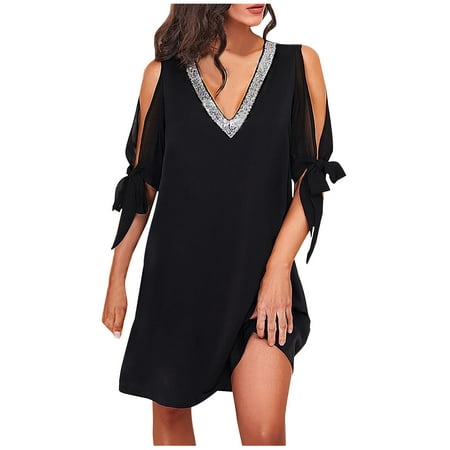 SAFUNY Women s Deep V Neck Short Sleeve Lace Cover Up Dress Pullover Sheer Beach Poolside Vacation Dress Black S