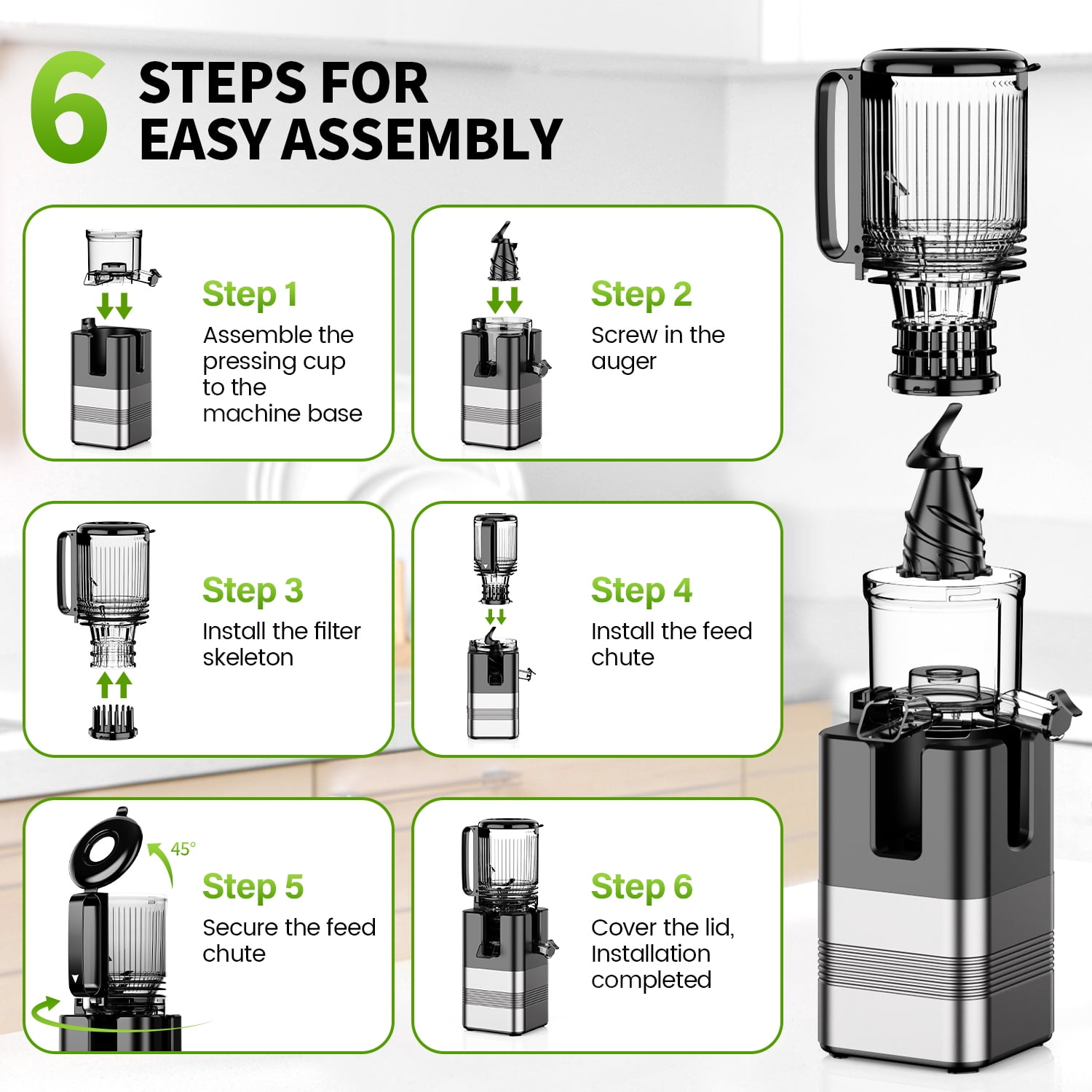 TINANA Cold Press Juicer Machine, 5.4 In Wide Feed Chute, Up to 450W Professional Slow Masticating Juicer for Whole Vegetables & Fruits, Batch Juicing, Reverse Function to Clear Blockages, MP-802T