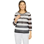 Alfred Dunner Womens Petite Mesh Striped Sweater With Necklace
