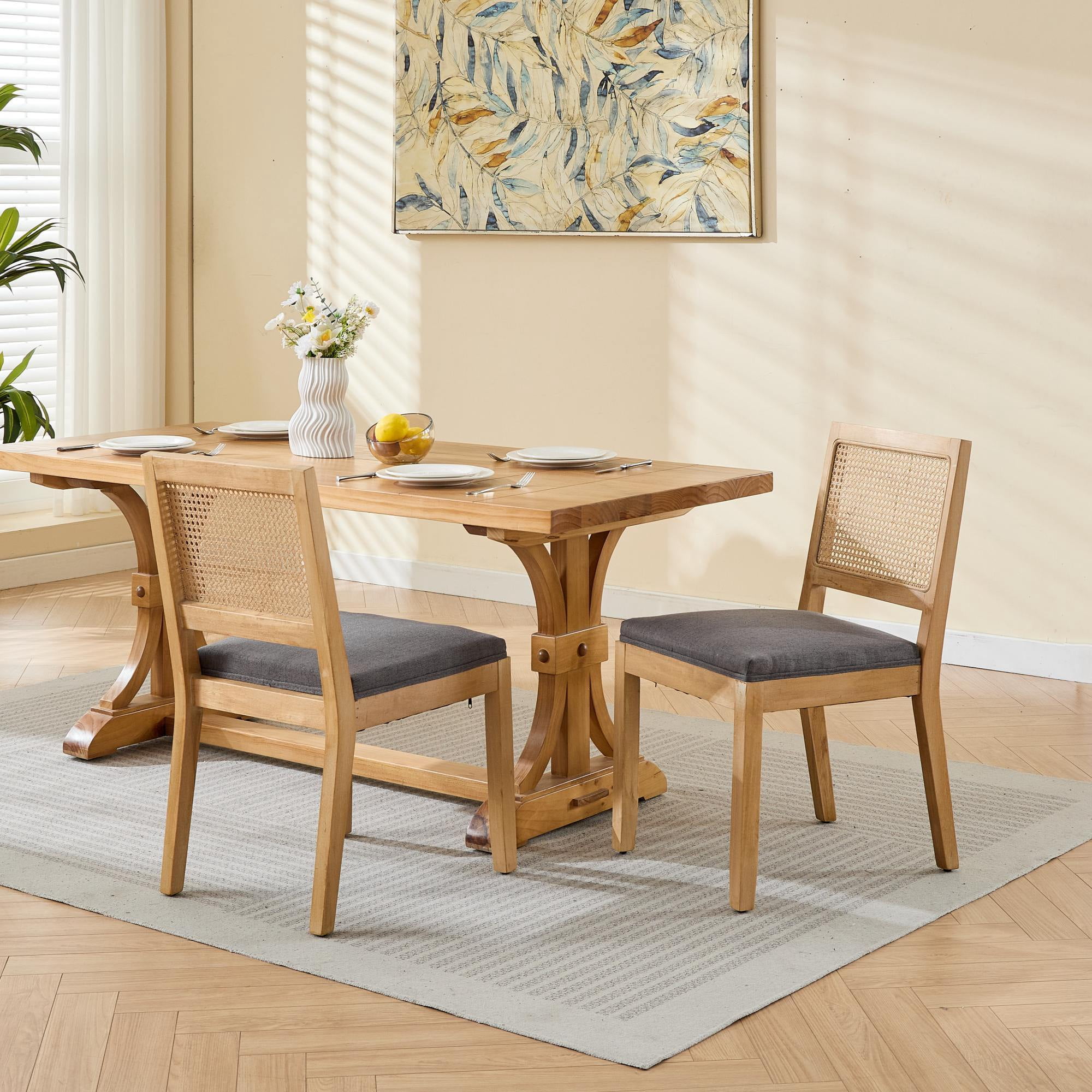 Leumius Rattan Dining Chairs Set of 2, Cane Upholstered Kitchen Side Chair with Natural Hardwood Frame for Kitchen, Dining Room, Living Room Gray