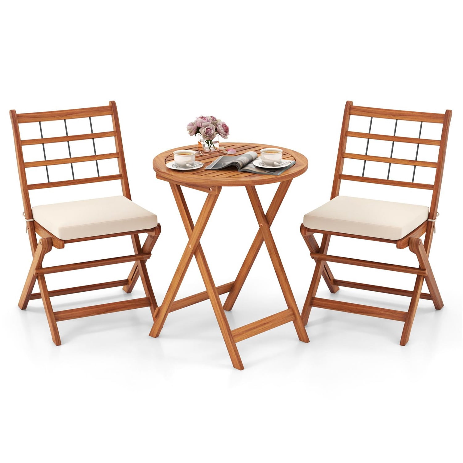 Hommoo 3 Pcs Acacia Wood Patio Bistro Set, Outdoor Folding Table and Chair Set with White Cushions