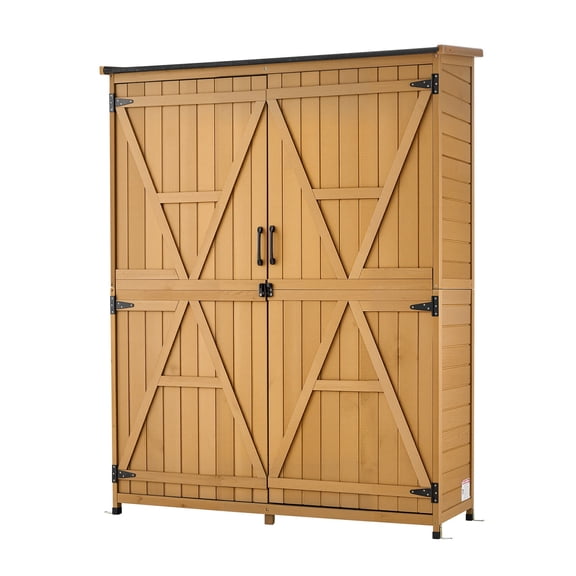 KFFKFF Outdoor Storage Shed, 49.41" x 63.98" Wooden Garden Tool Cabinet with Lockable Doors & Sloped Roof, Weather-Resistant Storage Solution with Shelves & Floor for Backyard, Patio, or Lawn, Brown