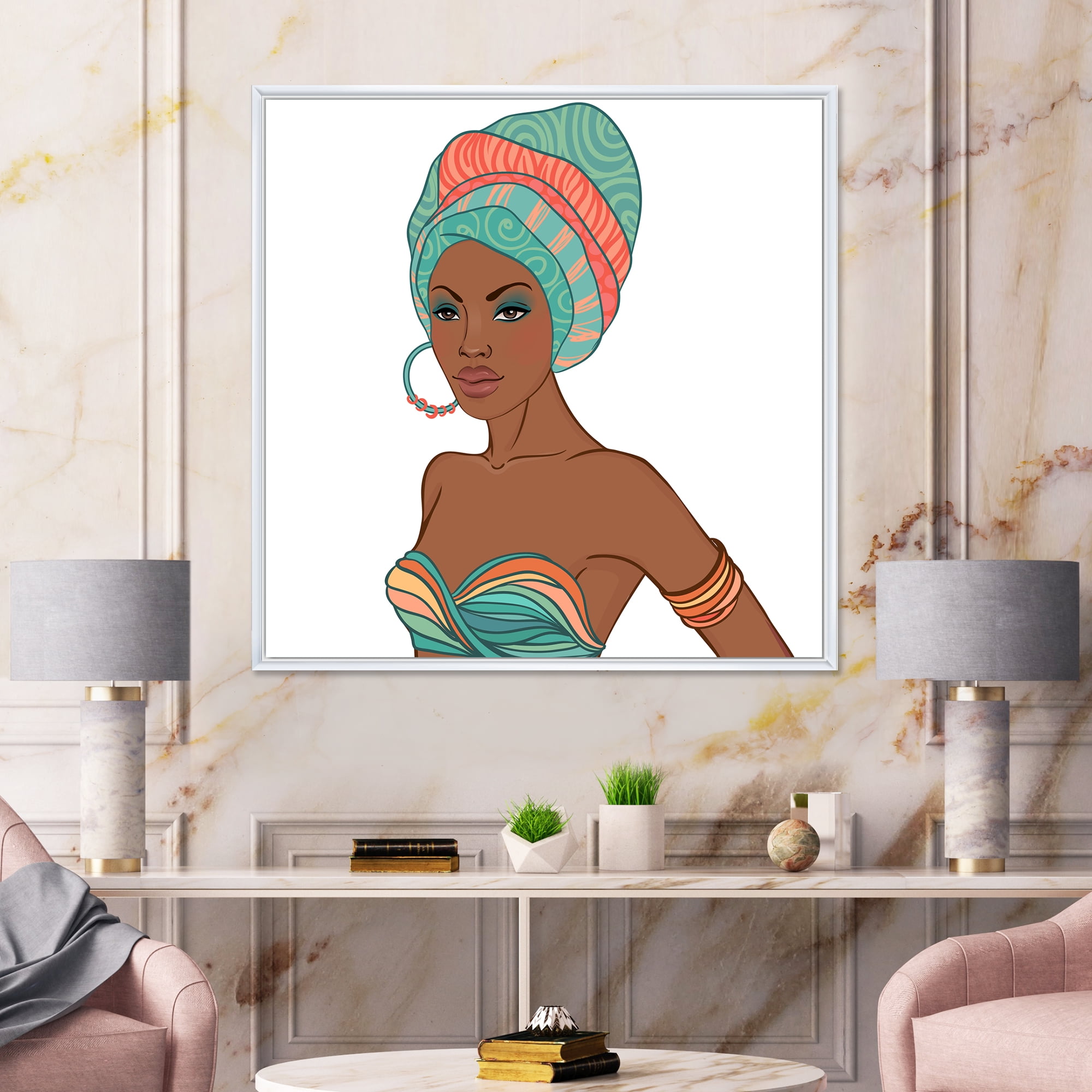 Designart 'African American Woman With Turban and Earring' Modern Framed Canvas Wall Art Print