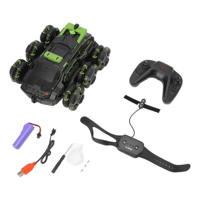 RC Stunt Car 2.4G Gesture Sensing 360 Degree Rotation Dual Remote Control Swing Arm 6 Wheels RC Off Road Stunt Truck Green