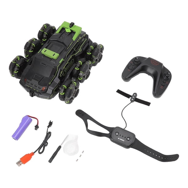 RC Stunt Car 2.4G Gesture Sensing 360 Degree Rotation Dual Remote Control Swing Arm 6 Wheels RC Off Road Stunt Truck Green