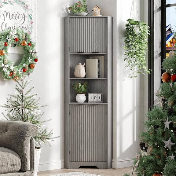 Fameill Tall Corner Cabinet with 2 Doors and 2 Open Storage Shelves, 68” Corner Storage Cabinet with Fluted Door Design, Home Space Saver for Living Room, Bathroom, Kitchen, Laundry, Grey