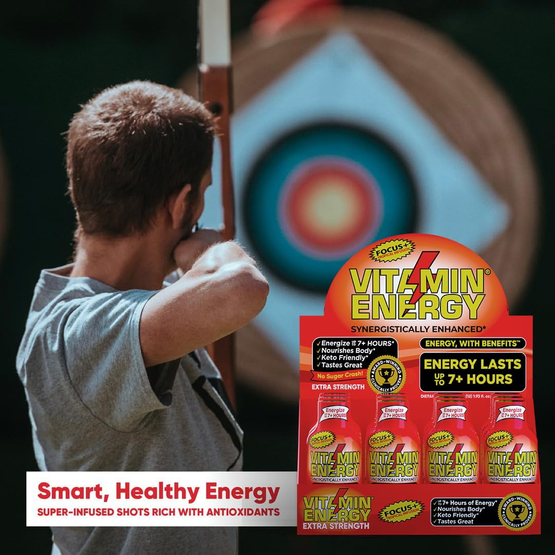 Vitamin Energy Focus+ Extra Strength Shot, Tropical Infusion, 12 Pack – 260mg Natural Caffeine, CoQ10 & B-Vitamins, Zero Sugar, 1.93 fl oz