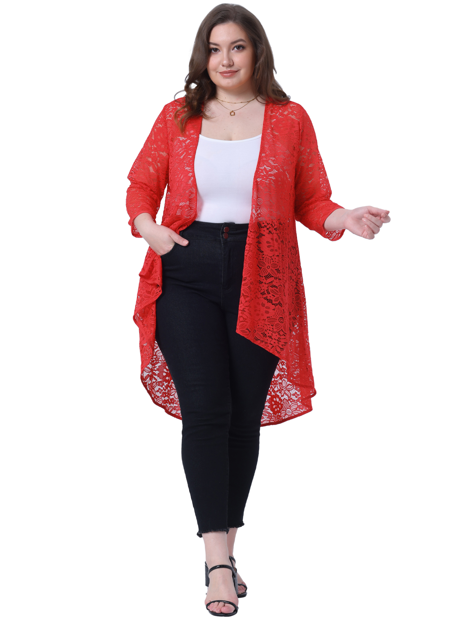 DARING DIVA Plus Size Lace Crochet Sheer Kimono Cover Up Cardigan 2X Red