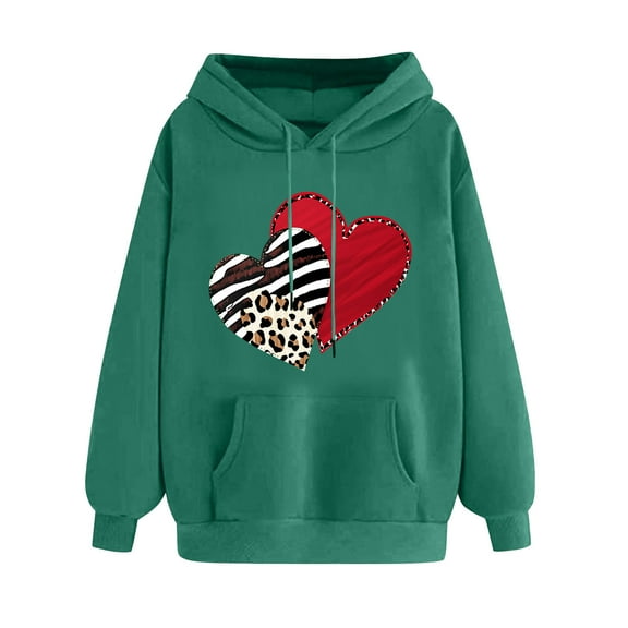 Goodeals Clearance Deals,Funny Leopard Heart Love Graphic Hooded for Women Cute Valentine's Day Fleece Sweatshirt Long Sleeve Drawstring Pullover Hoodie Oversized Sweatshirt Tops(Army Green,M)