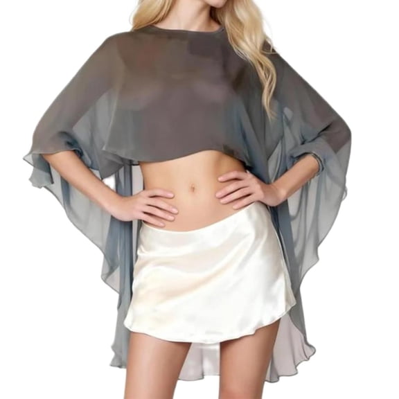 QASIEATN Women Chiffon Shawl Cape Mesh Poncho Top Capelets for Evening Dress Shawl Cover Up Wedding Daily Wear Casual Accessories Wraps for Women
