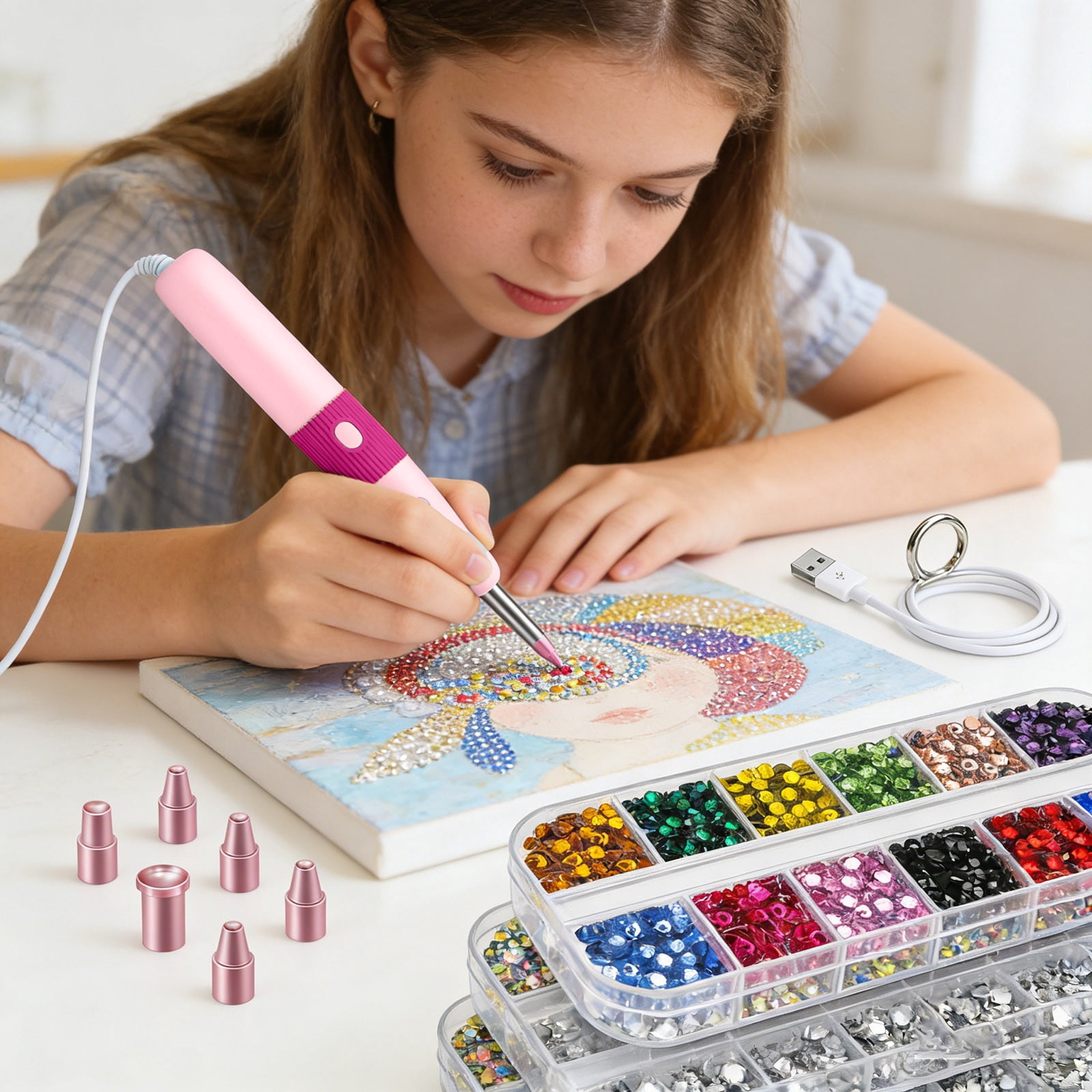 HEWANG Cordless Hotfix Rhinestone Applicator, Bedazzler Kit with Vacuum Pick Up Function, Adjustable Heat Hot Fix Wand for Clothes, Fabric & DIY Crafts, 5 Tips and 3024 PCS Rhinestones (Pink)