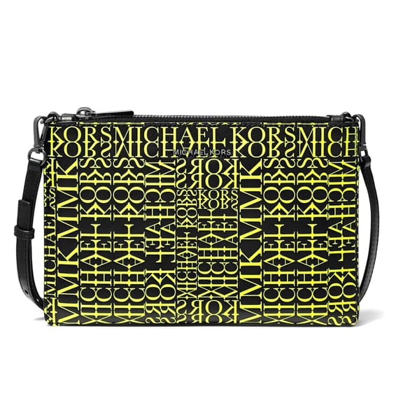 Michael Kors Women's Small Double Zip Leather Crossbody Bag (Black / Neon Yellow)