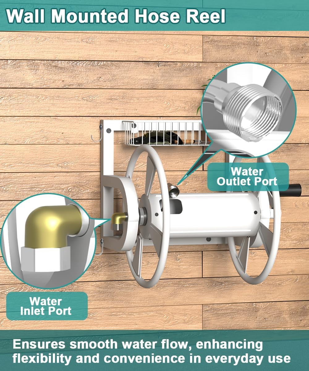 Outdoor Wall Mounted Hose Reel with Hook, Garden Heavy-Duty Water Hose Holder Winder with 3.9 ft Leader Hose, Brass Fitting and Storage Basket for Yard, Holds 125 Ft of 5/8-Inch Hose, White