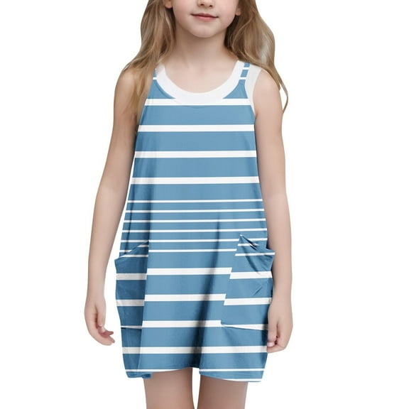 Juslio Dresses for Girls Knee Length Sleeveless Pockets Casual Summer Beach A-line Blue Halter Dress