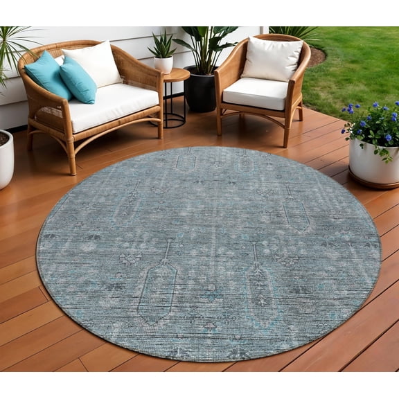 8' Teal Blue And Gray Round Southwestern Washable Indoor Outdoor Area Rug