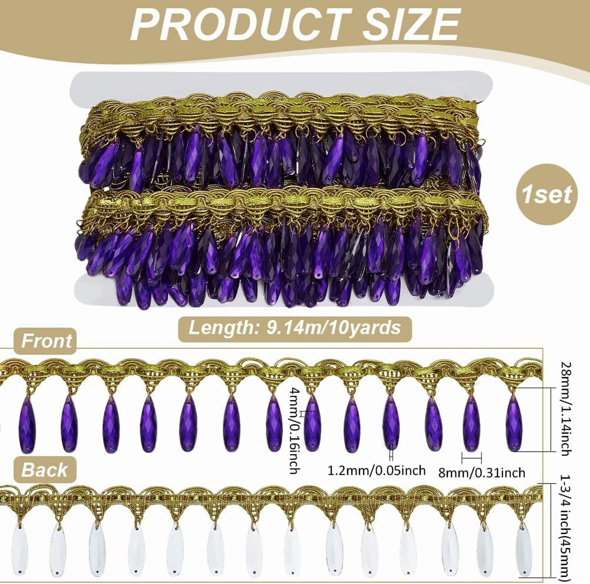 10 Yard Hanging Beads Fringe Lace 1.7 inch Wide Polyester Sewing Fringe Tassel Trim Gold Trim with Blue Purple Pendant for Sewing Cafts Wedding Party Decoration diy