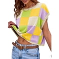 thumbnail image 3 of Womens Cap Sleeve Crop Tops Summer Color Block Going Out Crew Neck Knit Trendy Casual Sweater, 3 of 5