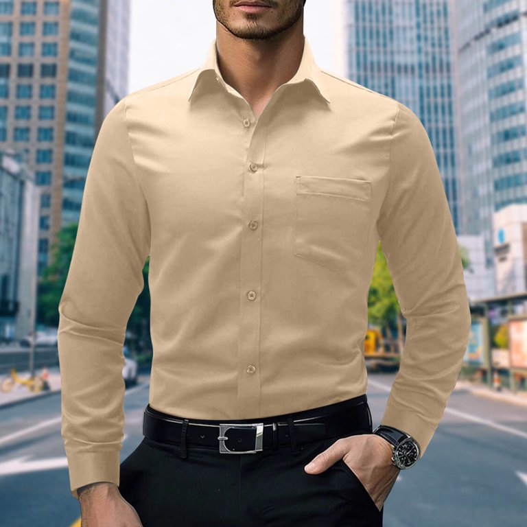 Lcziwo Men's Slim Fit Dress Shirt Regular Fit Business Tucked Formal Shirts Pockets Solid Color Work Tops Khaki S, Size: Small, Bronze