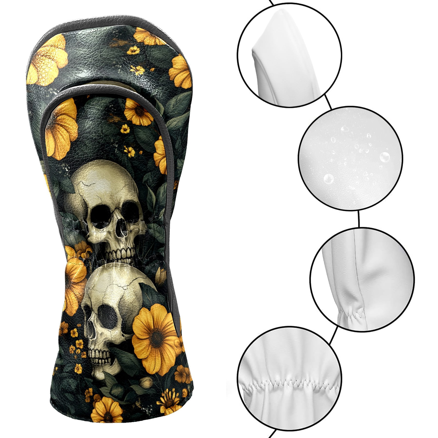 Golf Club Covers PU Leather Waterproof Head Covers for Fairway Woods Hybrids Yellow Flowers And Skulls