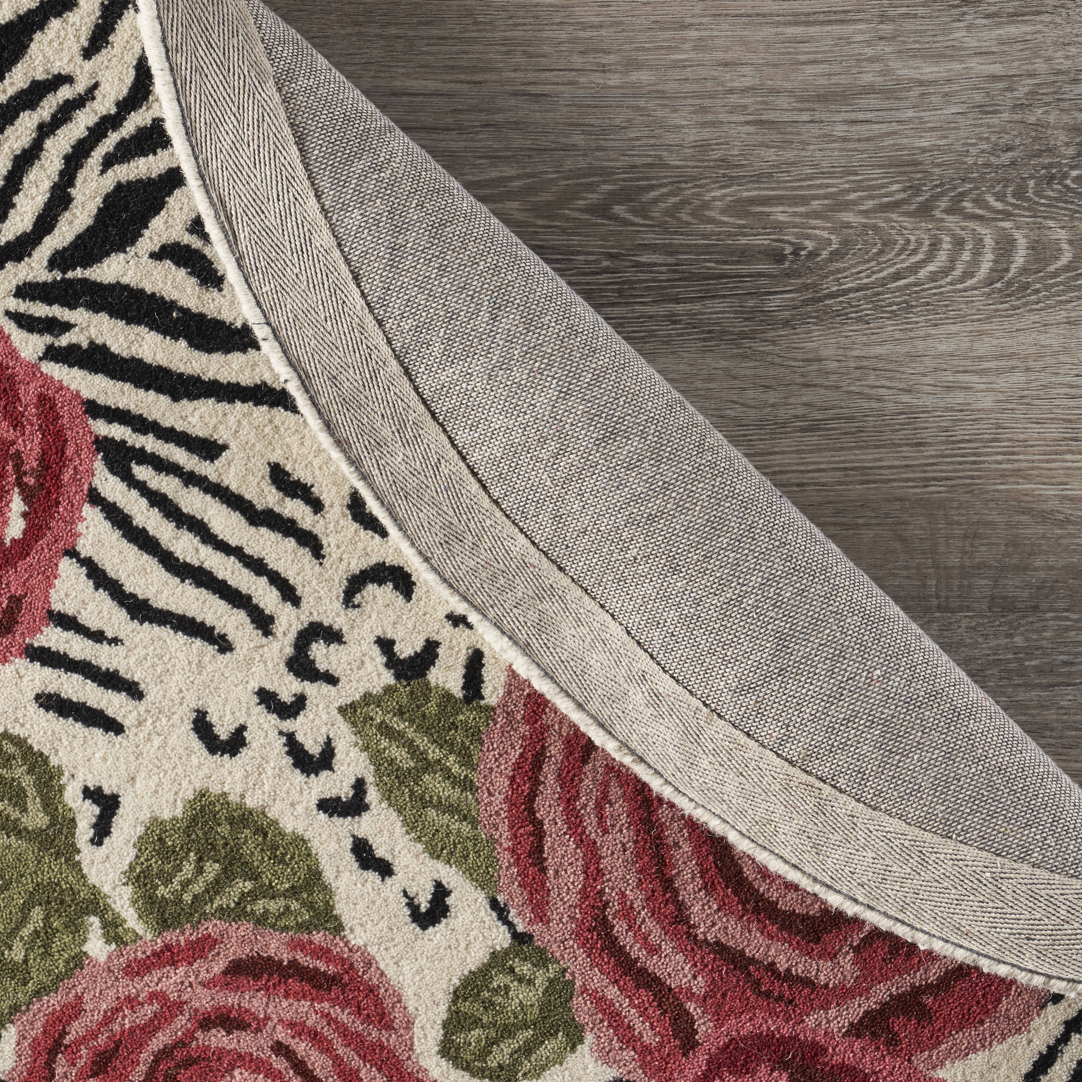 Ox Bay Talia 4' Round Ivory/Black Animal Print with Roses Wool Indoor Area Rug