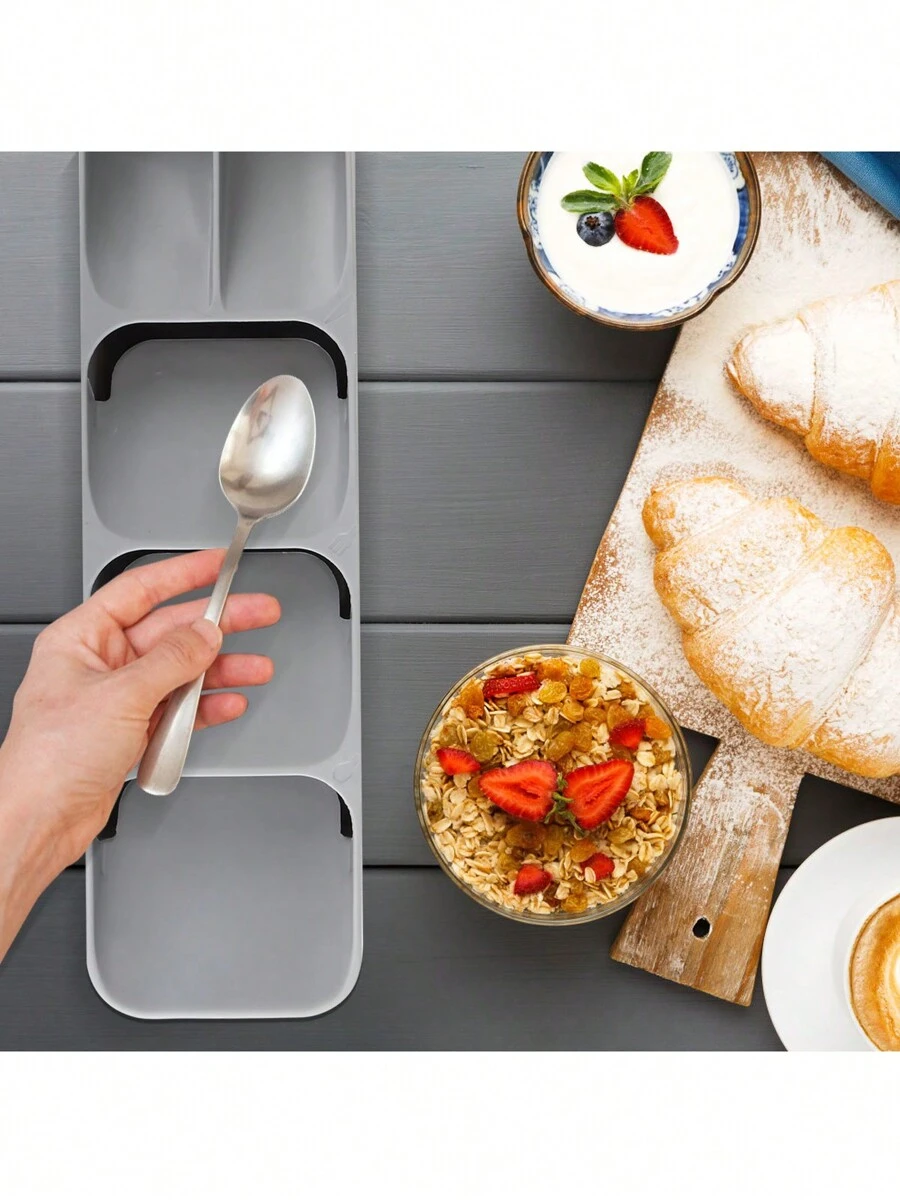 Kitchen Drawer Cutlery Organizer and Compact Space Saving Tray for Flatware, Silverware, and Utensils, Stackable Drawer Store Divider for Kitchen Organization and Storage, Gray