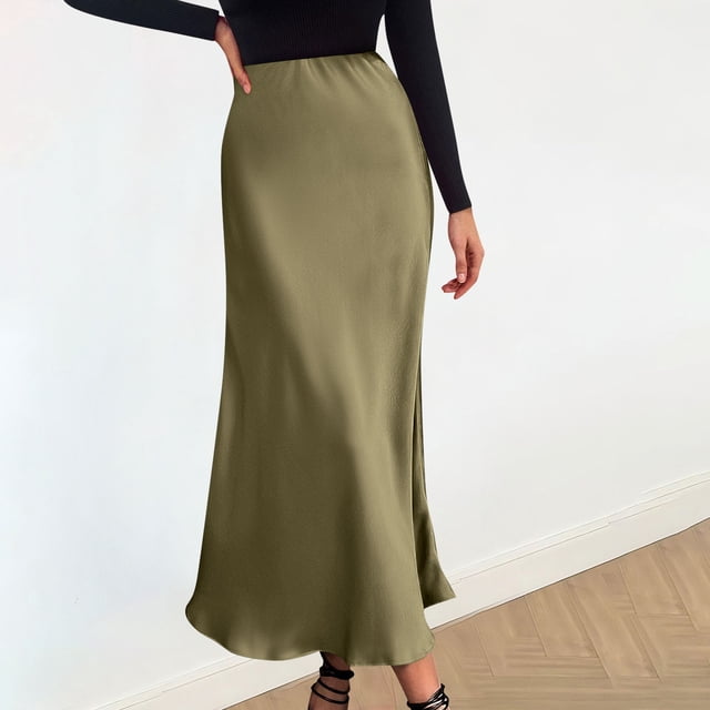 Extra Savings,Women's Solid Color High Waist Half Skirt Fall Elastic Waist Comfortable Midi Skirt for Lightweight, Simple Style Effortlessly Chic|100%Polyester,Green,Sopatenor