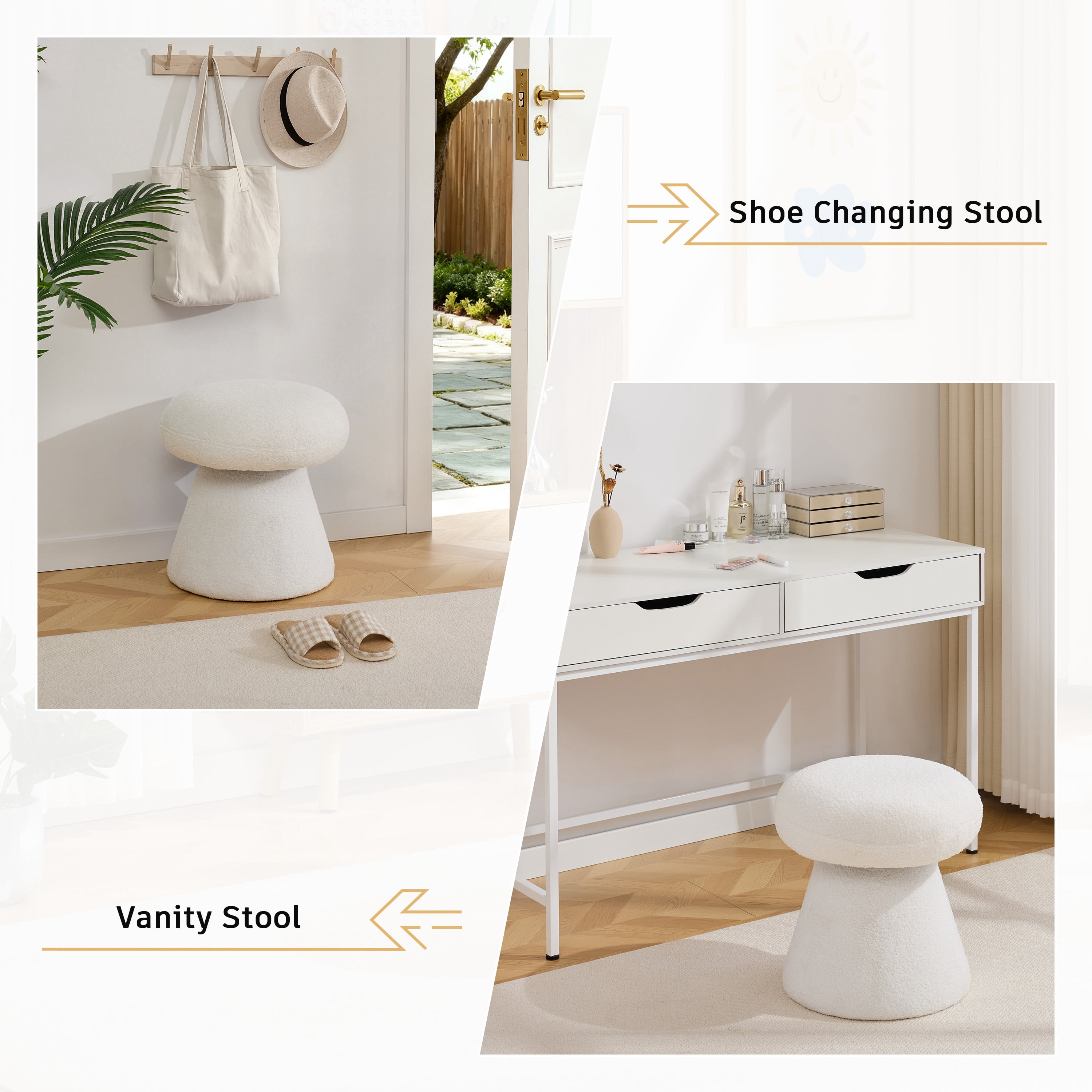 Teddy Fabric Mushroom-Shaped Ottoman with 360-Degree Swivel, Soft-Padded Footstool and Shoe-Changing Stool for Bedroom, White