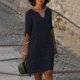 thumbnail image 1 of Women's Short Sleeve Cotton Linen Midi Dress Ladies Solid V Neck Baggy Sundress-9, 1 of 3