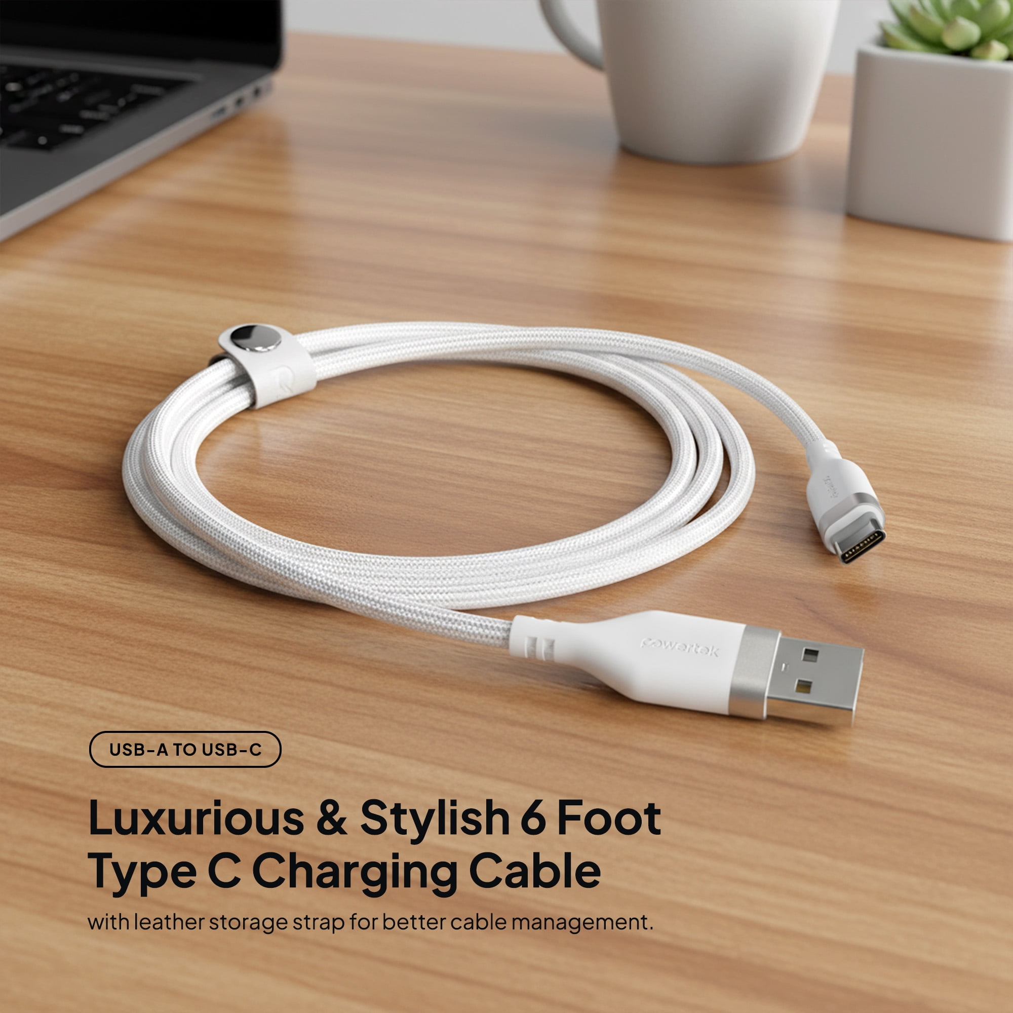 Liquipel Powertek Type-C Fast Charger Cable, 6ft USB-C for Galaxy, Note, Tab, MacBook, Premium White