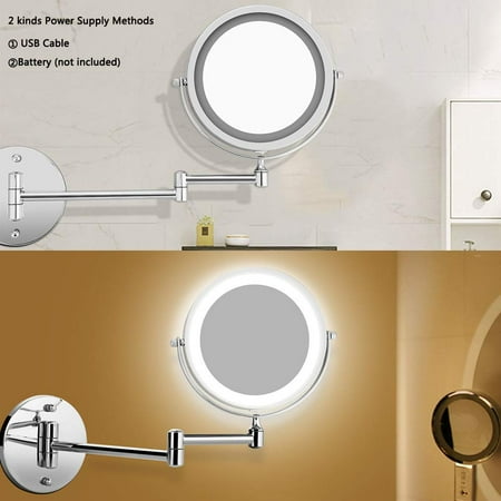 Wall Mounted Makeup Mirror Led Lighted 10x Magnification Two Sided Round Swivel Extendable Bathroom Make Up Shaving Canada Wall Mounted Makeup Mirror Led, Lighted Makeup Vanity Mirror Canada