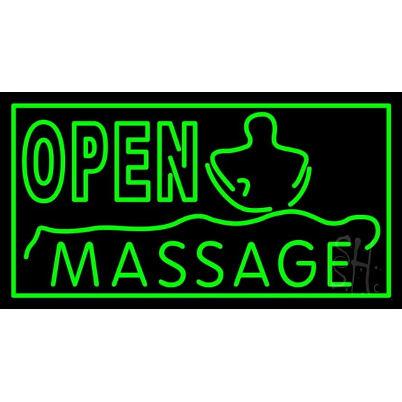 Green Open Massage LED Neon Sign 13 x 24 - inches, Black Square Cut Acrylic Backing, with Dimmer - Bright and Premium built indoor LED Neon Sign for Spa interior decor and storefront.