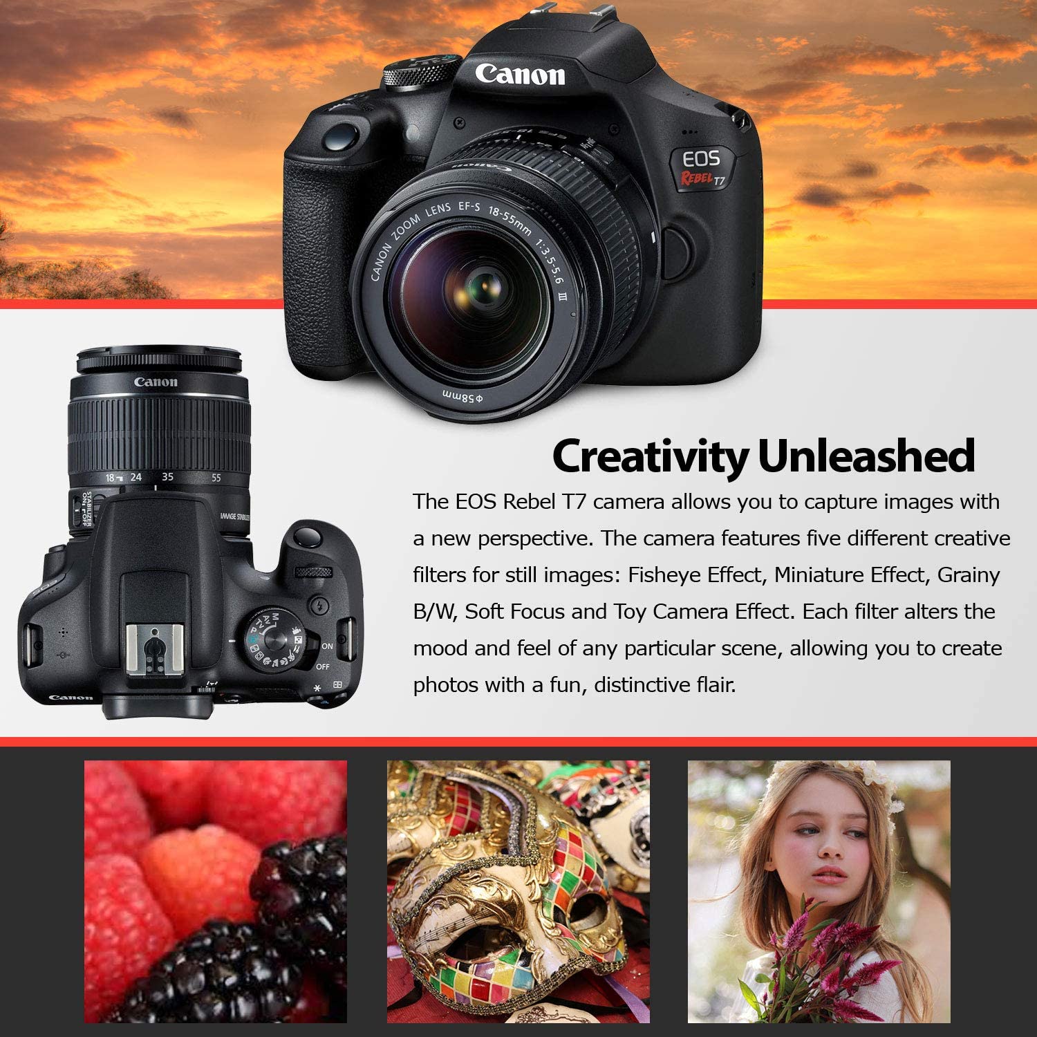 Canon Rebel T7 DSLR Camera with 18-55mm  Lens Kit and Carrying Case, Creative Filters, Cleaning Kit, and More - image 4 of 6