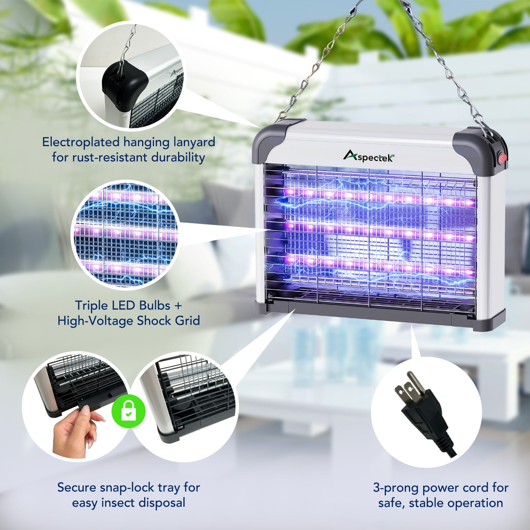 Aspectek 15W LED Bug Zapper - Powerful High-Voltage Insect Killer Mosquito Zapper Indoor, Long Lifespan 3 LED Lamps, Energy-Efficient & Durable Fly Trap