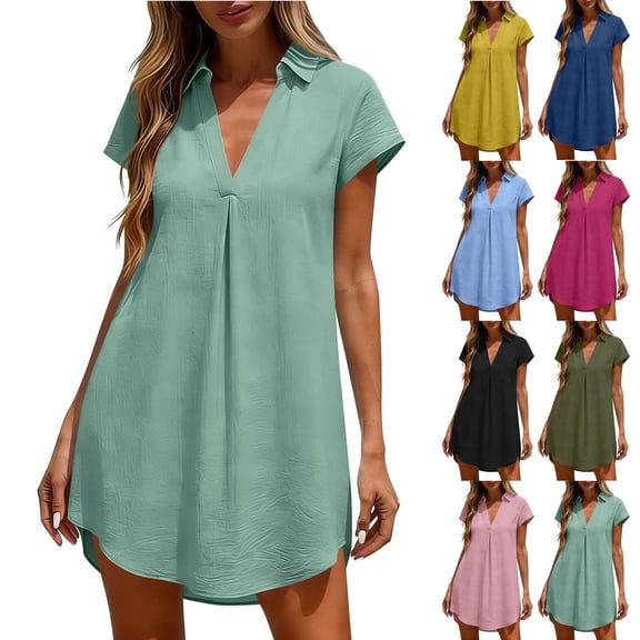 Taqqpue Women's Swimsuit Cover Up Shirt V Neck Short Sleeve Bathing Suit Coverups Summer Solid Color Beach Cover Ups Plus Size Swim Suit Dress Under 15 for Women