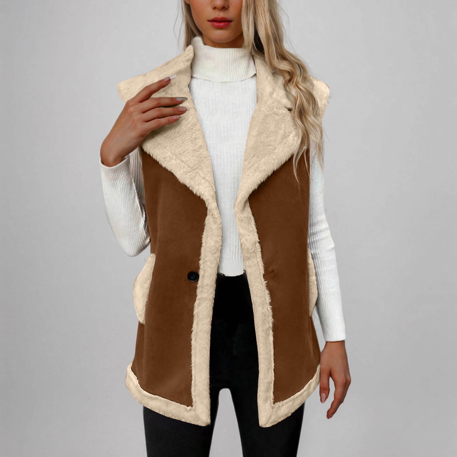Sokhug Women's Sherpa Faux Leather Vest Jacket Winter Warm Sleeveless Coat with Pockets, Khaki