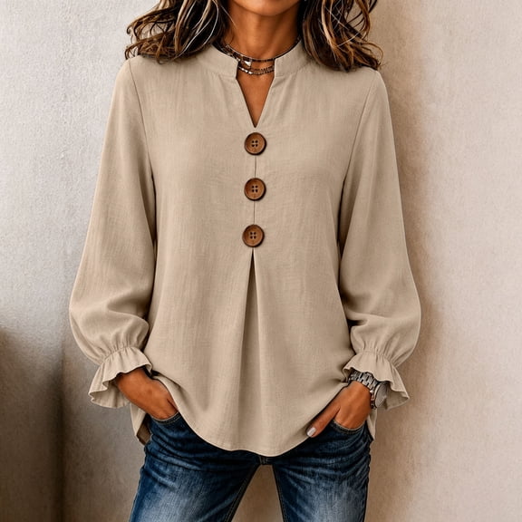 QUNYINEY Button Tops for Women Trendy Puff Long Sleeve Fall Winter Shirts V Neck Casual Loose Fit Solid Pullover Blouses for Women S-2XL